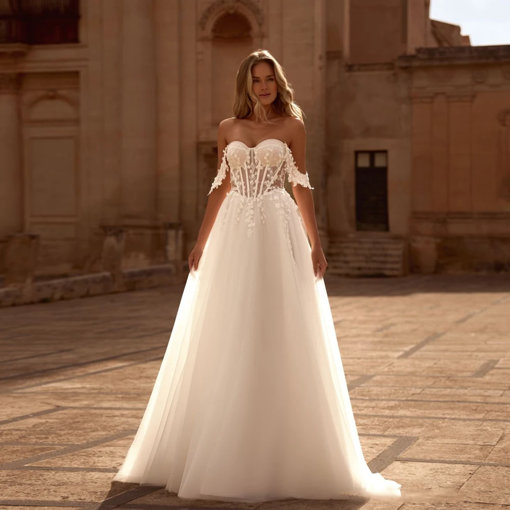 

Boho Beach Wedding Dresses 2025 Sweetheart Appliques Off Shoulder Bridal Dress White Wedding Prom Gowns Zipper Back Customized
