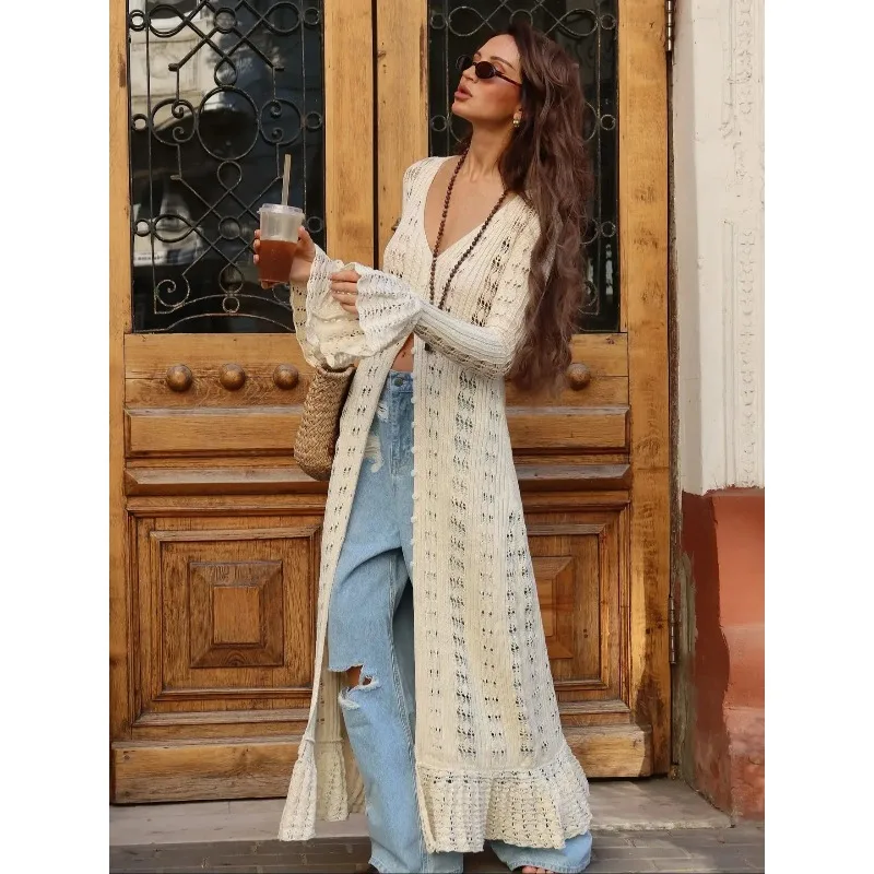 

Элегантное летнее платье-свитер с вырезом на груди, длинное, с разрезом, для вечеринок, пляжа, отпуска, макси-платье-накидка для женщин