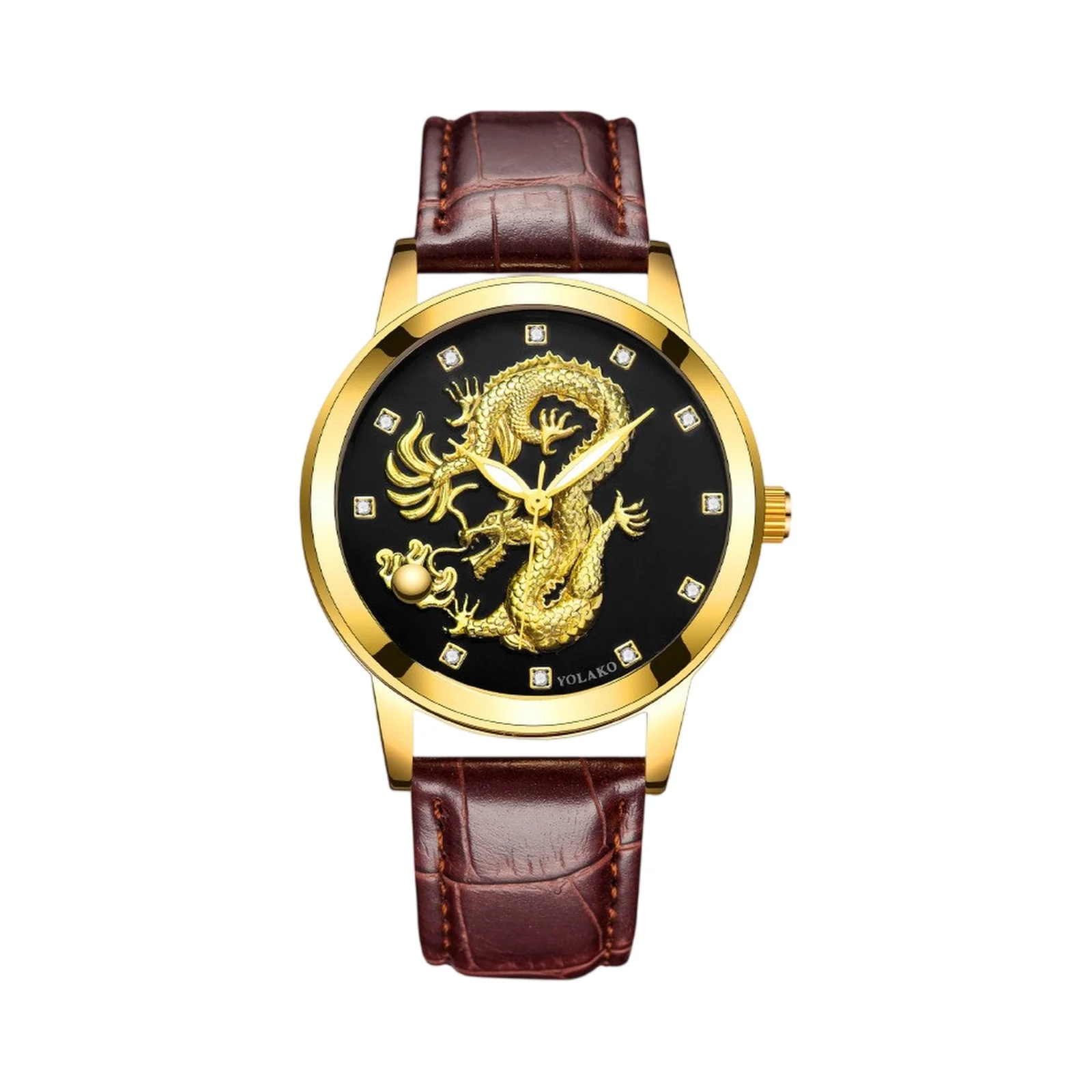 ‌ ساعة التنين الشرقية الخريف حافظة ذهبية اللون الأعمال عادية حزام التمساح الأسود لهجات أنيقة نمط ساعة كوارتز رجالي