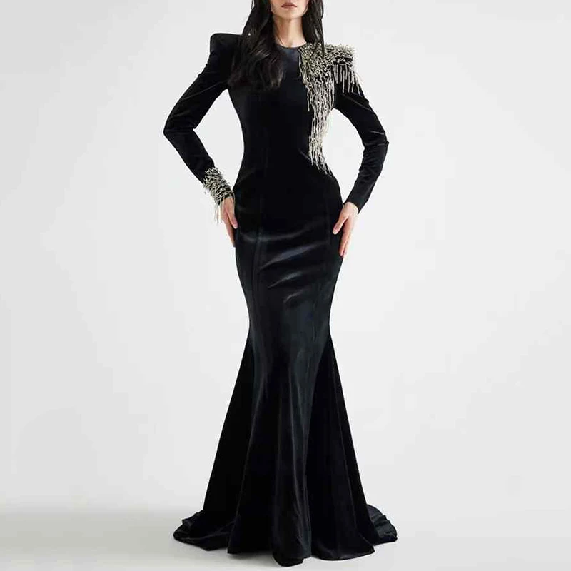 

Модное женское вечернее платье с длинным рукавом и бриллиантами, утягивающее элегантное банкетное платье макси, новинка 2025 года, одежда