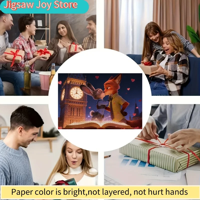 Puzzle plat 2D, Zootopia Judy & Nick Kiss - 1000 pièces, Tour de l'horloge, Livre magique, Cadeau romantique pour la Saint-Valentin, Puzzle de couple Zootopia
