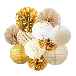 11PCS Gilded Rose Gold Round Lantern Honeycomb Ball Folding Lantern Birthday Bachelor Party Wedding Holiday Decorations