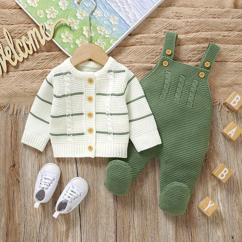 Newborn Baby Clothes Sets Knitted Infant Boy Girl Sweater Long Sleeve +Romper Sleeveless Autumn Kid Cardigan +Jumpsuit 0-9M 2PCS