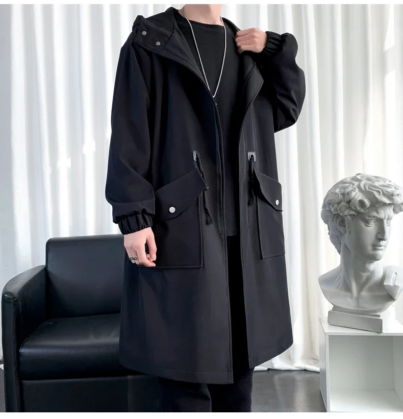 Trenchcoat Herren Neue Mode Armeegrüner Überzieher Männer Casual Windbreaker Einfarbiger Langer Mantel Herren Herbst Homme Schwarz/Khaki/Armeegrün – Detail 4