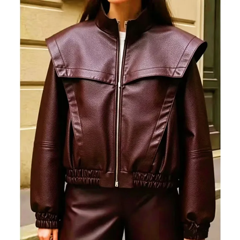 Autumn New European and American Fashion Stand-up Collar Zipper Fake Two-piece PU Leather Jacket Exquisite Simple Casual Trend