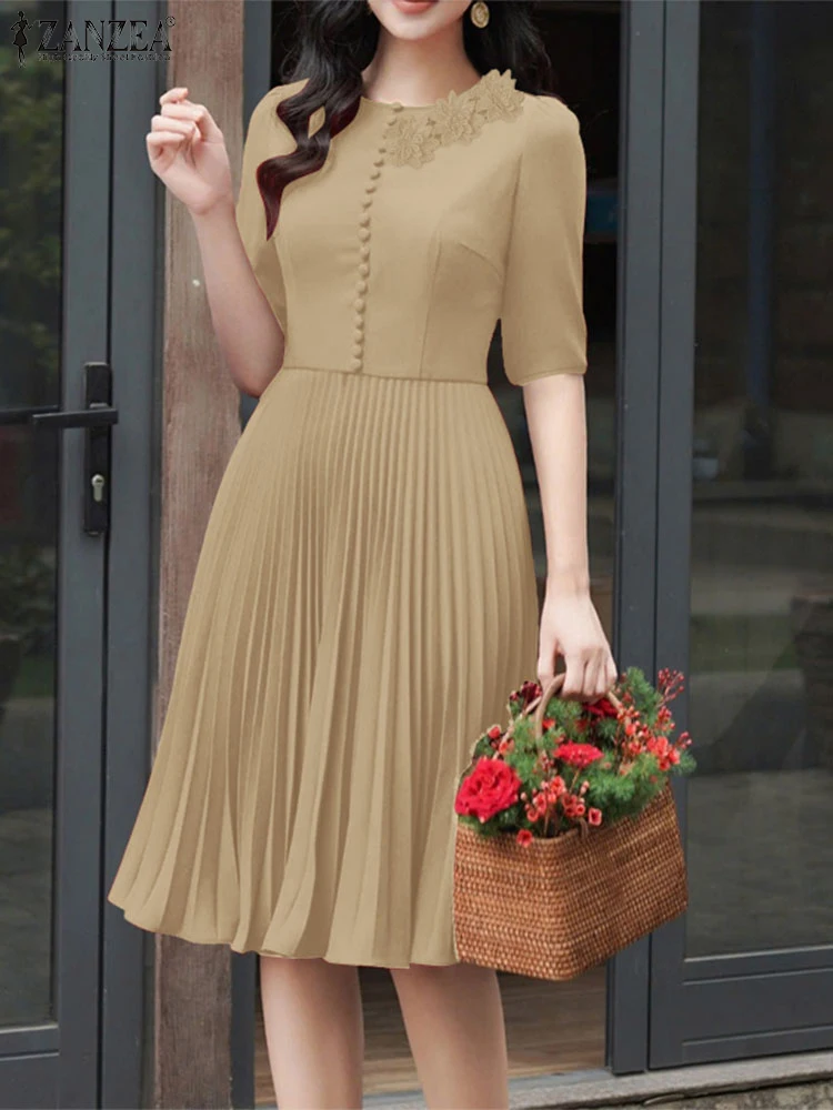 ZANZEA 2025 女性のサマードレスエレガントな 3D フラワーウエストエレガントなパーティーサンドレスファッションプリーツ膝丈オフィス Vestidos
