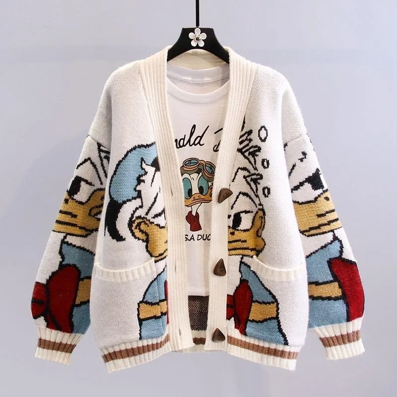 Disney Donald Duck sweater Cartoon Winter Warm Thicken Knit Cardigan Casual Top fashion ladies loose-fitting Long Sleeve Jacket