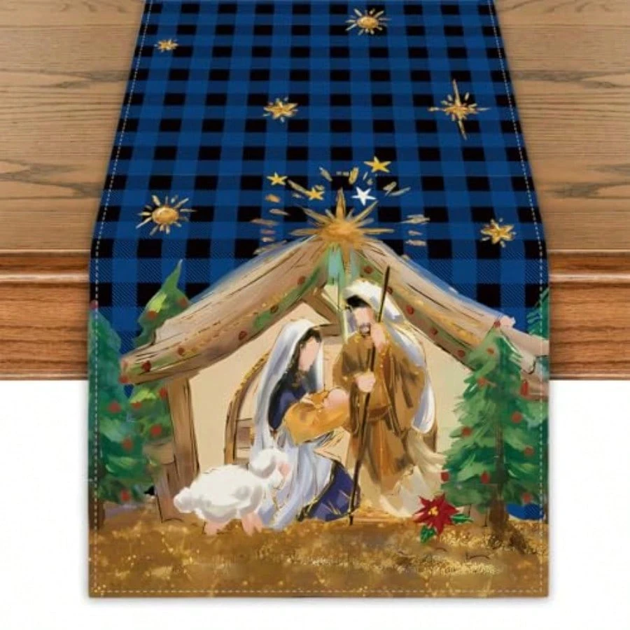 Christmas Table Runner Holy Nativity Tablecover Religious Scene Decor New Year Xmas Decor Nativity Decorations For Home Party