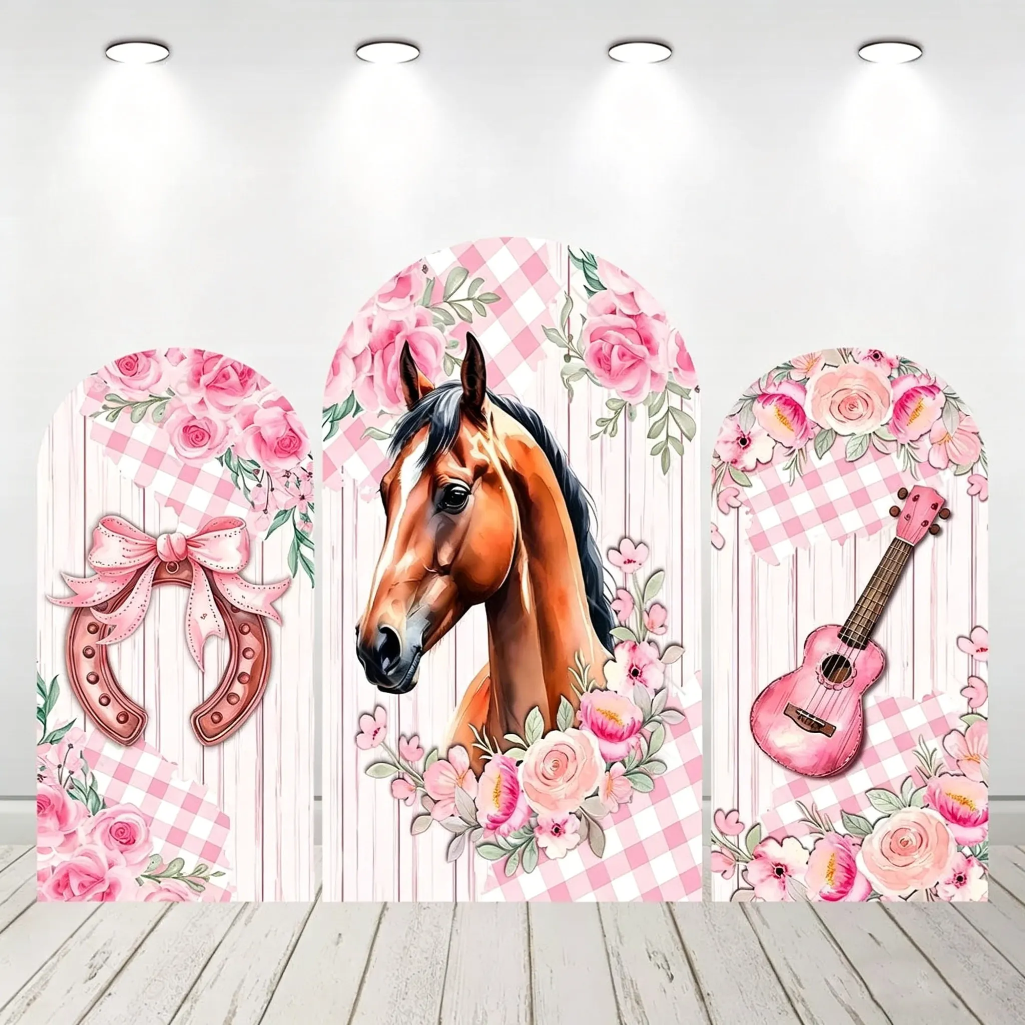 

LS Custom Pink Horse Floral Western Cowgirl Kids Birthday Party Baby Shower Cover Arch Background Decor Backdrop