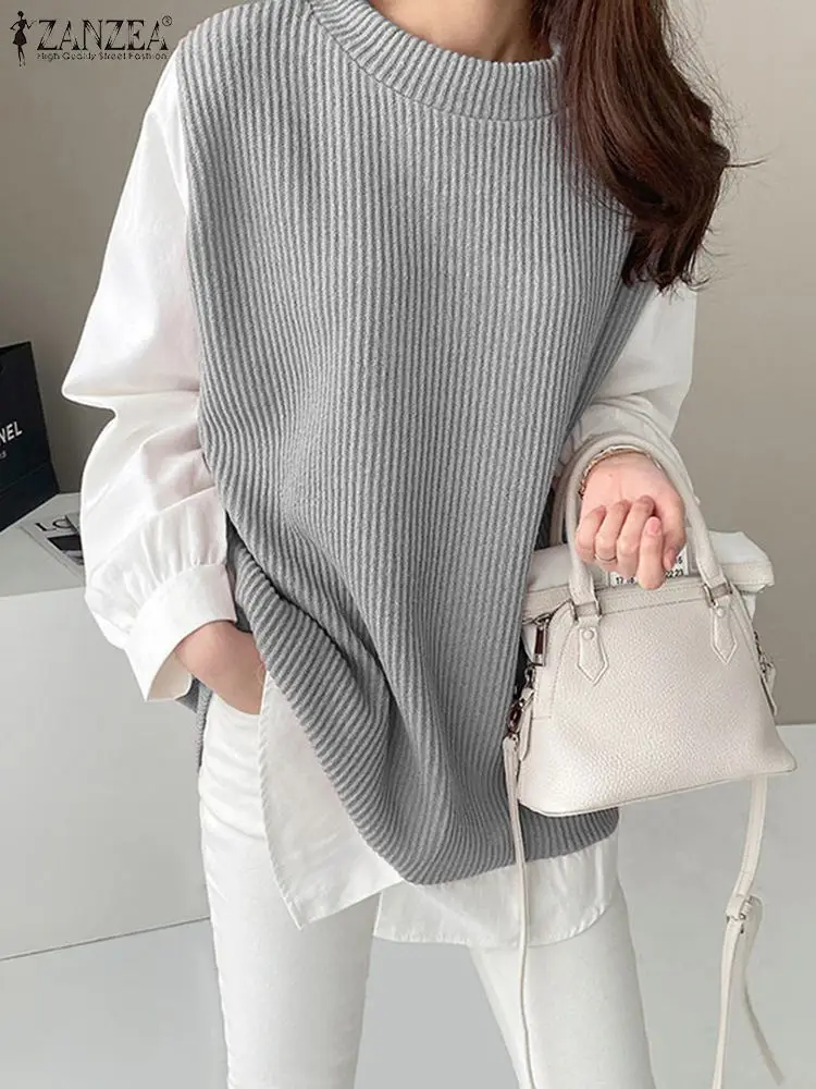 Fashion Women Long Sleeve Patchwork Sweatshirt Autumn Fake Two Pieces Tops ZANZEA Elegant Hoodies Casual Work Blouse Streetwear