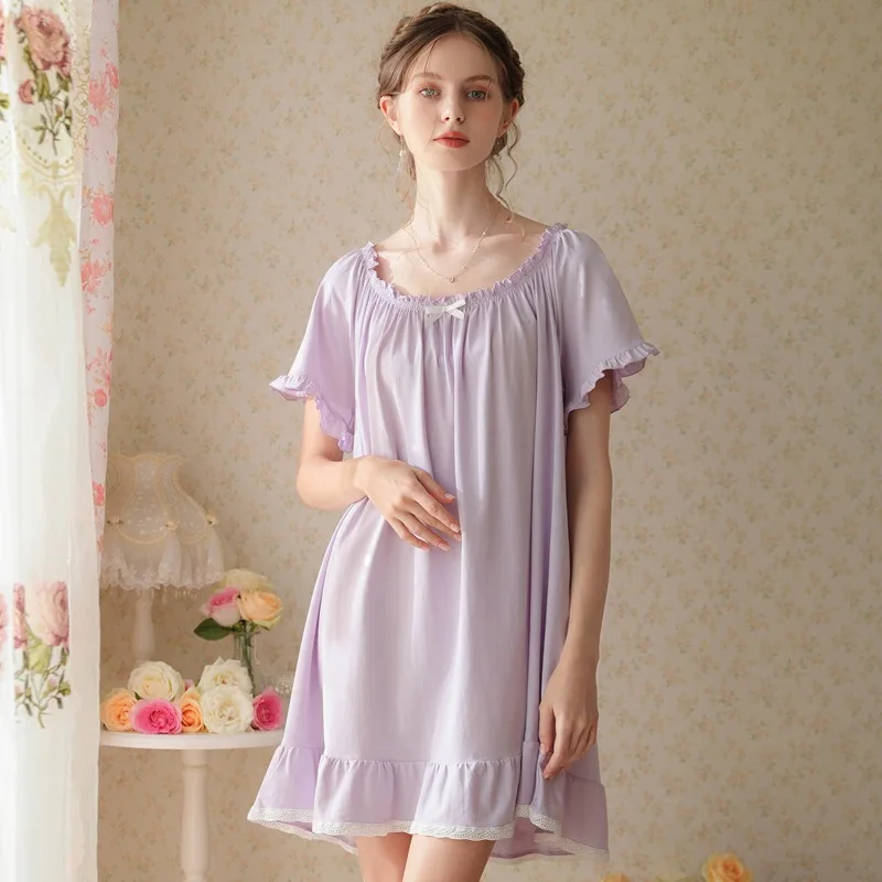 Solid Color Round Neck Women's Summer Pajama Set Short Sleeves Cotton Loose Fit with Large Size Skirt Sweet Princess Style