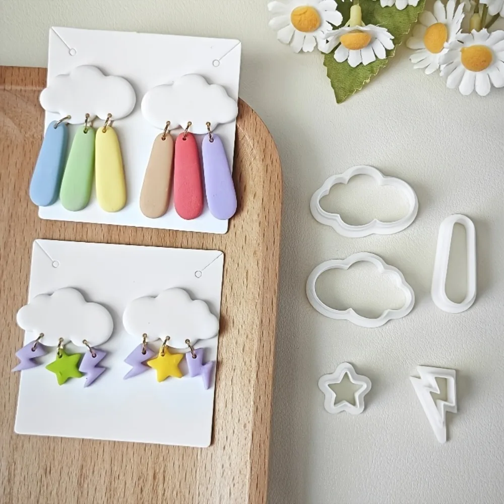 Conjunto de 5 Cortadores de Argila Polimérica com Tema Natural: Nuvem, Estrela, Raio e Borla – Kit para Fabricação de Joias para Encontros Casuais e Férias