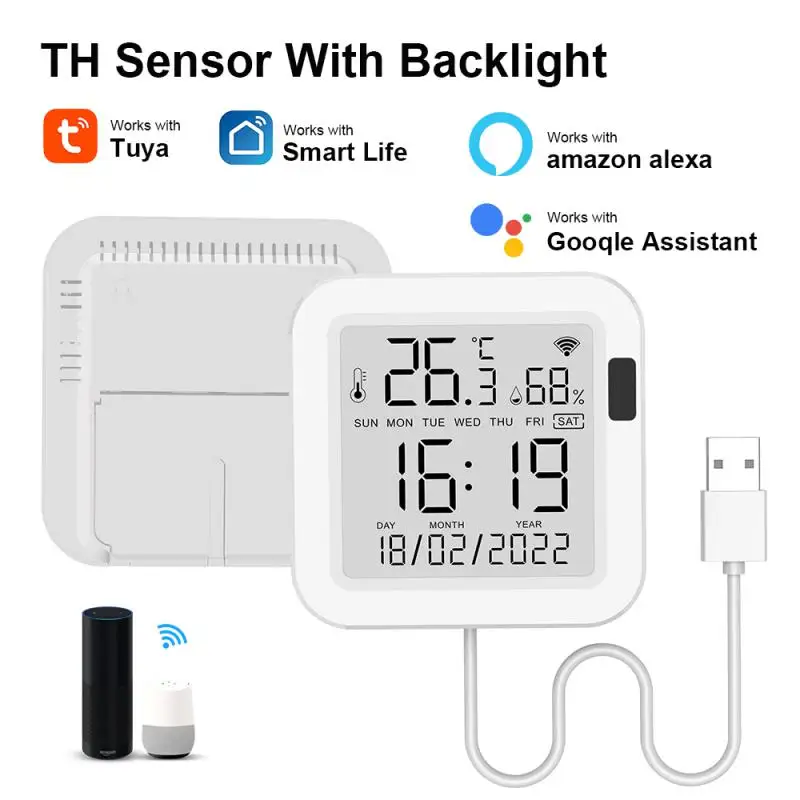 Tuya WiFi Temperature Humidity Sensor USB Power With LCD Screen Infrared Sensing Backlight Working With Alexa Google Home