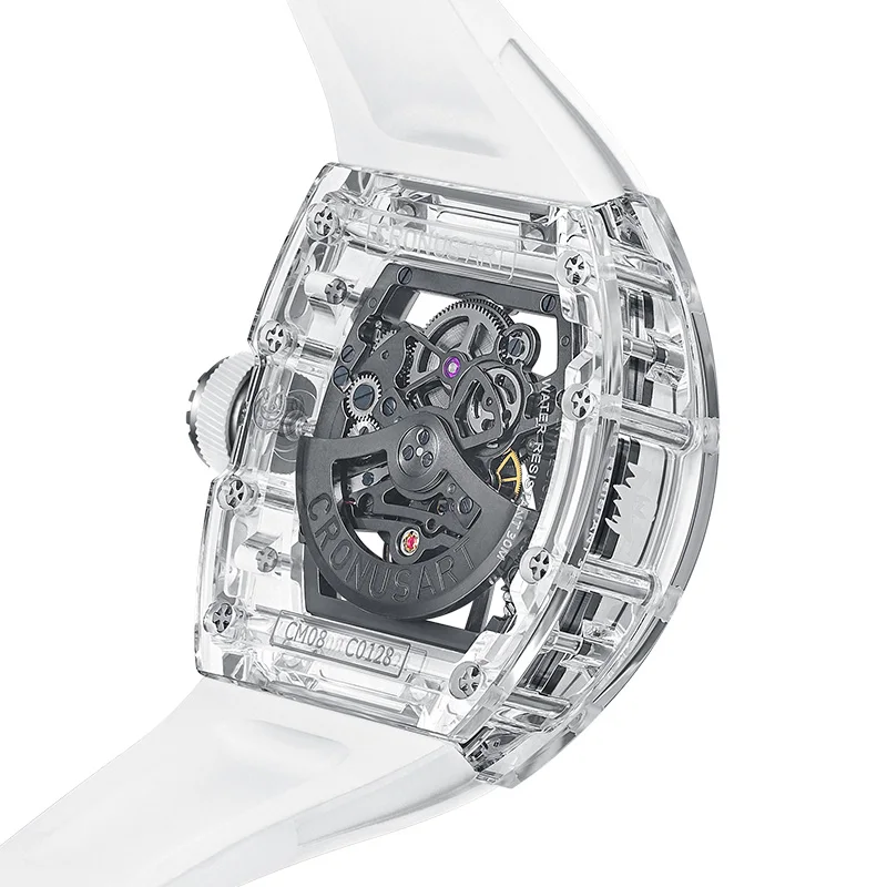 CRONUSART orologio automatico da uomo 50mm orologio da polso meccanico Tonneau di lusso con cassa in zaffiro quadrante con cinturino in fluorurrubber luminoso