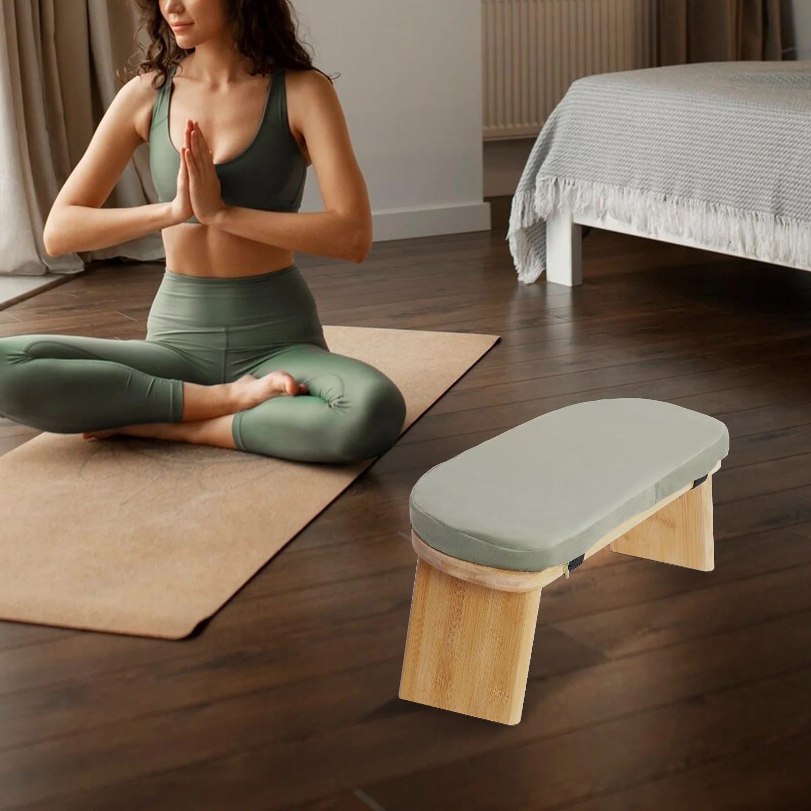 Foldable Bamboo Kneeling Bench for Meditation and Yoga, Velvet Cushion, Anti-Slip Pads, Ergonomic 5° Forward Tilt for Comfort an image 3