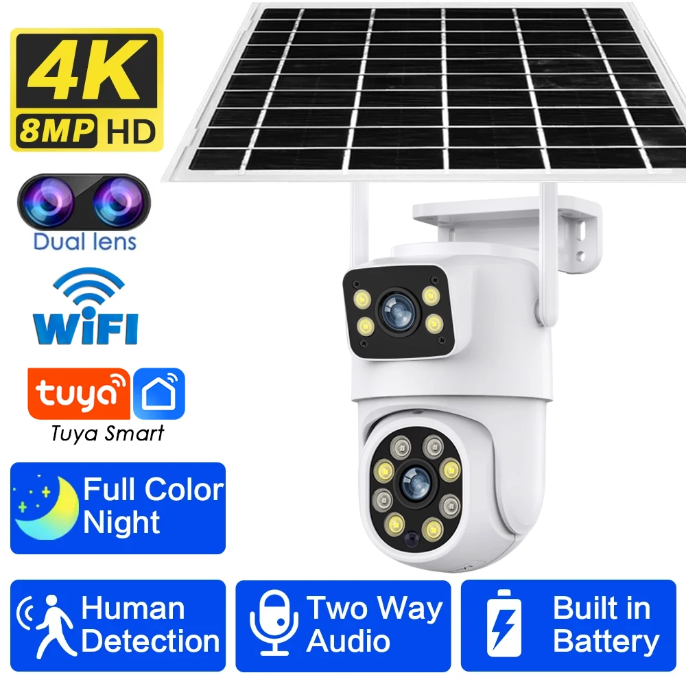 8MP IP Solar Power WiFi Camera PTZ Outdoor IP66 Waterproof 10000mAh Built-in Battery Surveillance Cam PIR Human Detection Tuya