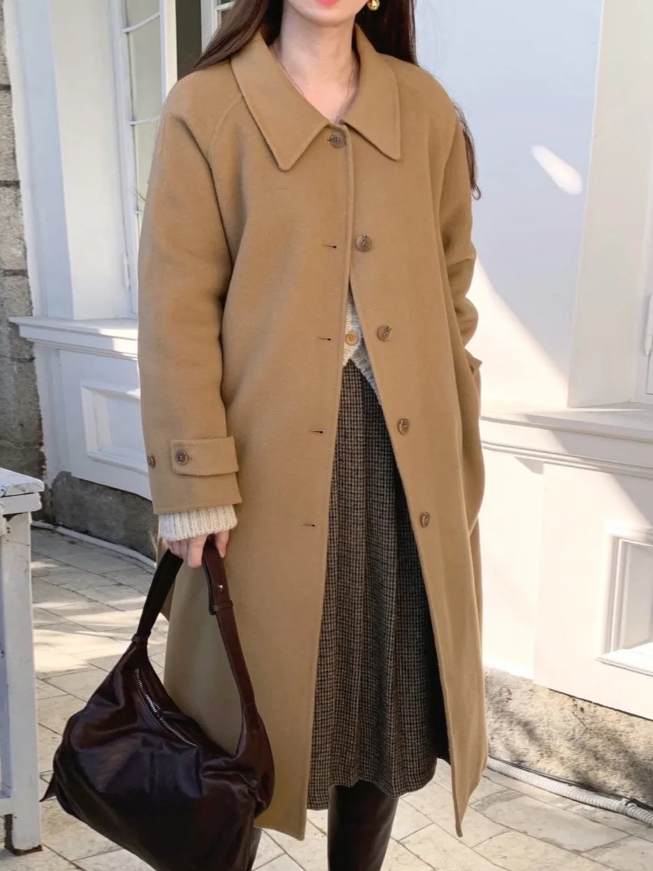 

Korean Sle Long Woolen Coat Women's Winter Faion Versatile Retro Lapel Single Button Knitwear Long Sve Color