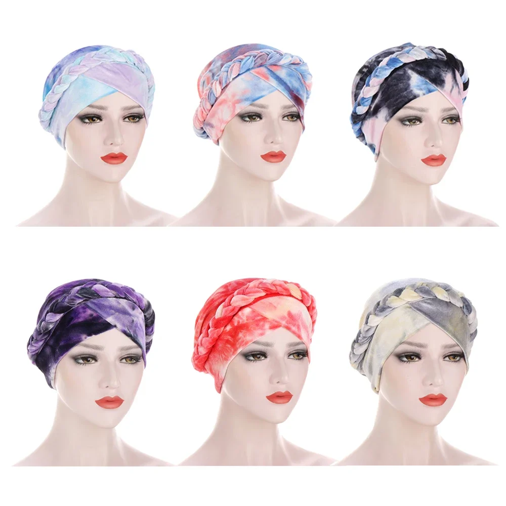 Velour Muslim Women Braid Hijab Turban Chemo Stretch Cap Hair Loss Hat Head Wrap Islamic Bonnet Headwear Beanie Cover