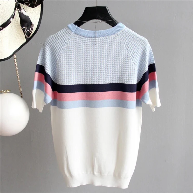 Women Casual Plaid Tshirt Summer Clothing O Neck T Shirts Elasticity Ladies Tops Short Sleeve Tee Shirt Femme