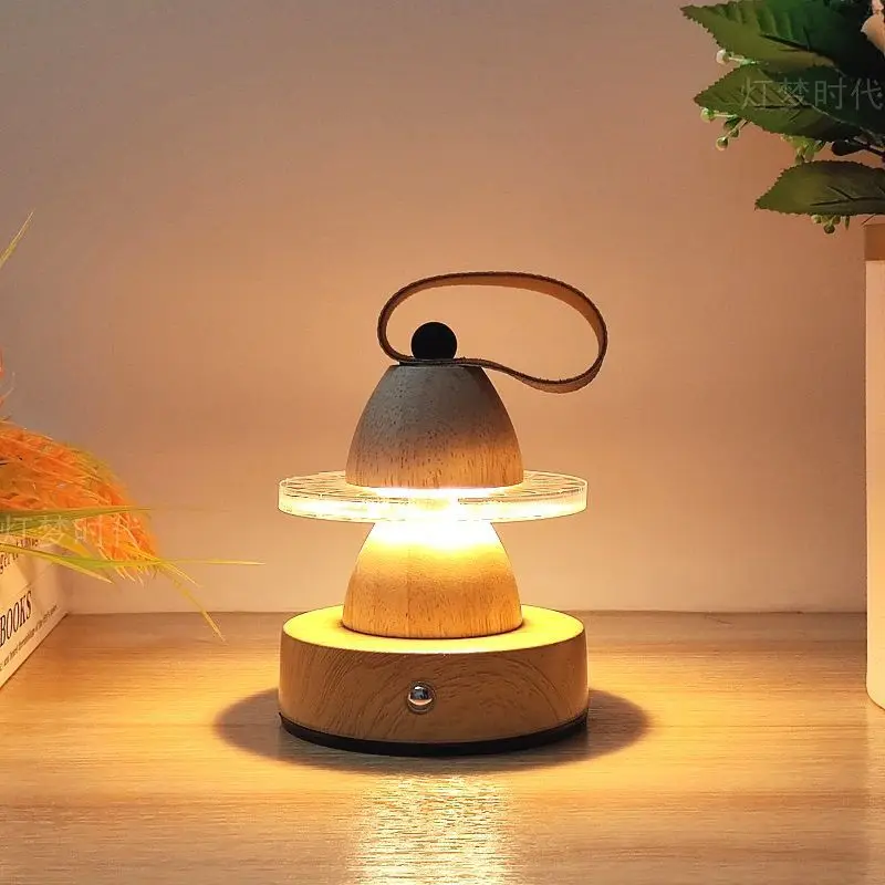 Mid ancient style rechargeable handheld desk lamp dimming night light solid wood bedroom atmosphere bedside lamp