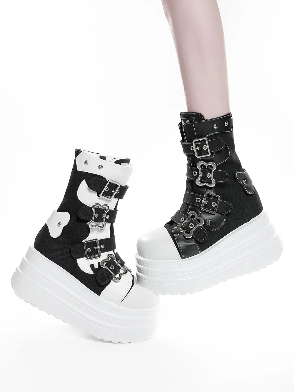 Gothic Punk Platform Mid Calf Boots Women Bear Buckle Strap Chunky Wedge Heel Black White Alternative Fashion Combat Boots