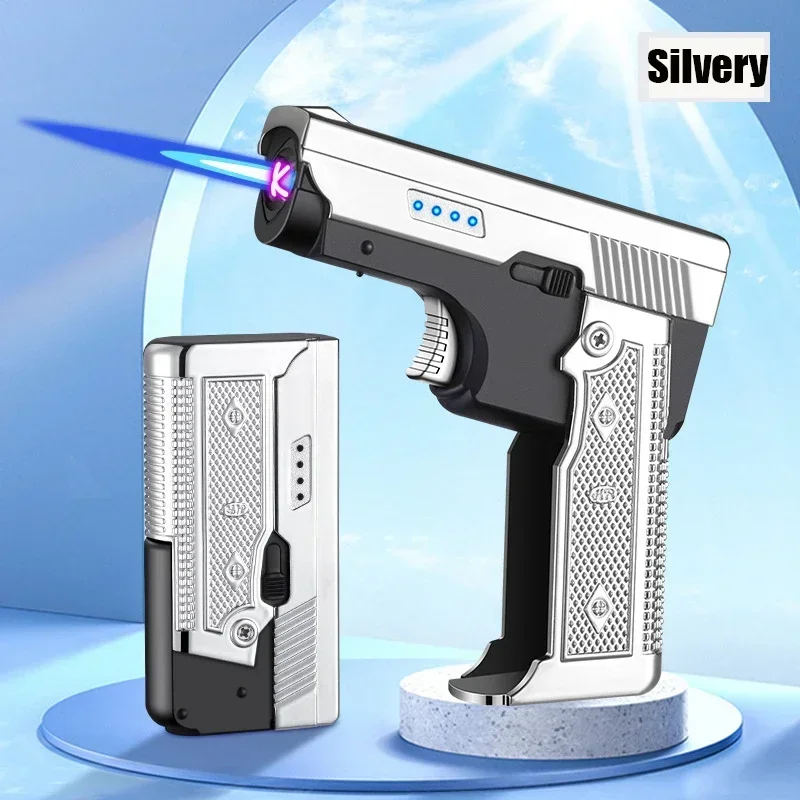 새로운 방풍 가스 전기 플라즈마 유형 C USB 충전식 라이터 선물 남자 접는 총 부탄 토치 터보 제트 불꽃 시가 라이터