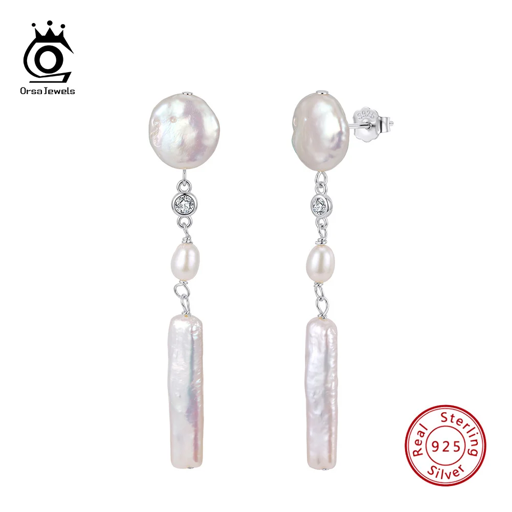 ORSA JEWELS Bohemian Pearl Drop Earrings 925 Sterling Silver Shiny Zircon Decor Irregular Pearl Ear Ornament For Women GPE152