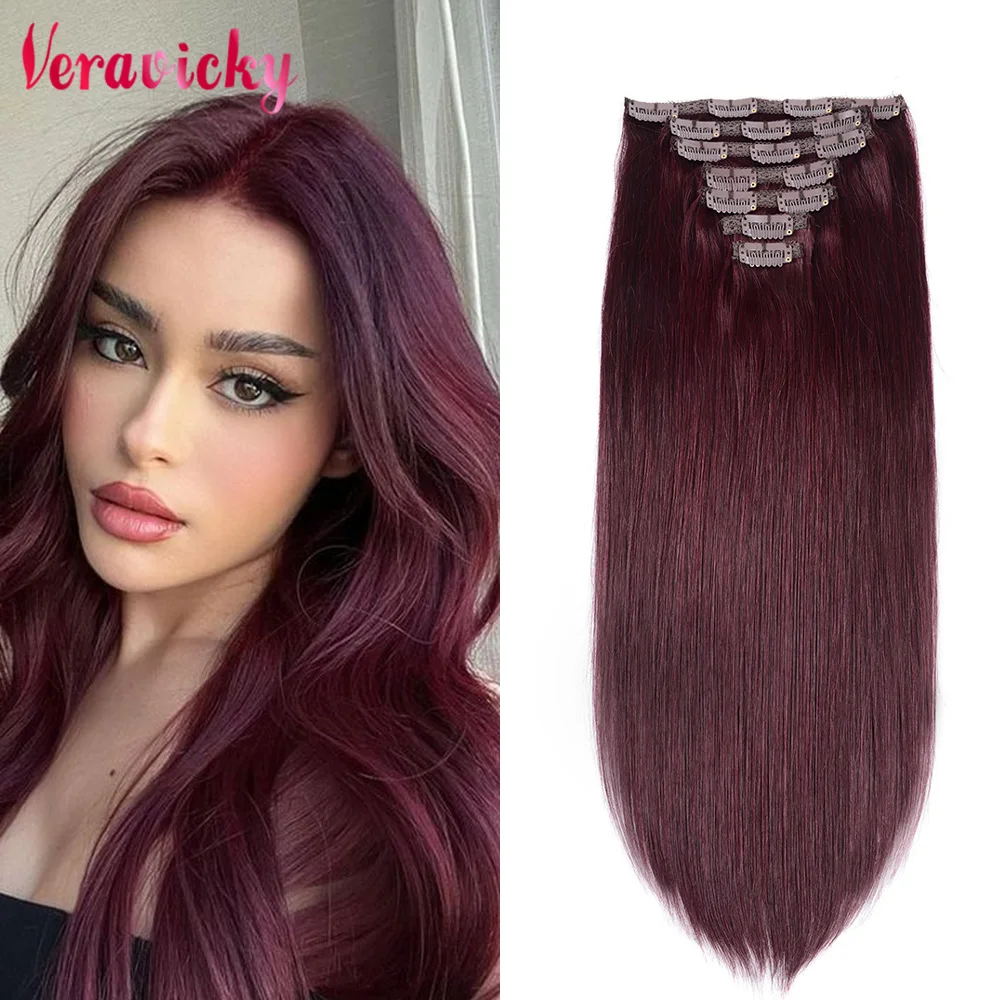

Veravicky 99J Burgundy Color 16"-22" Full Head Soft Natural Hair Extension Clips Double Weft 100% Human Hair for Women HairPiece