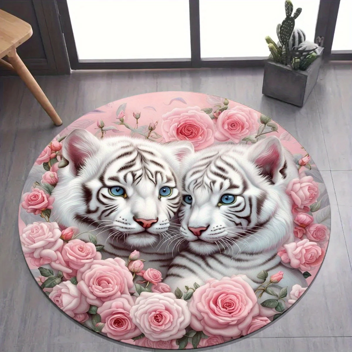 

1pc White tiger and rose pattern printed carpet, crystal velvet fabric non-slip, suitable for bedroom and living room decoration