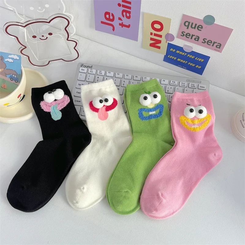 Ladies Spring Summer New European Sweet Kawaii Great Gift For Girls Cotton Mid Tube Pile Socks Ugly Cute Little Eyes Cartoon