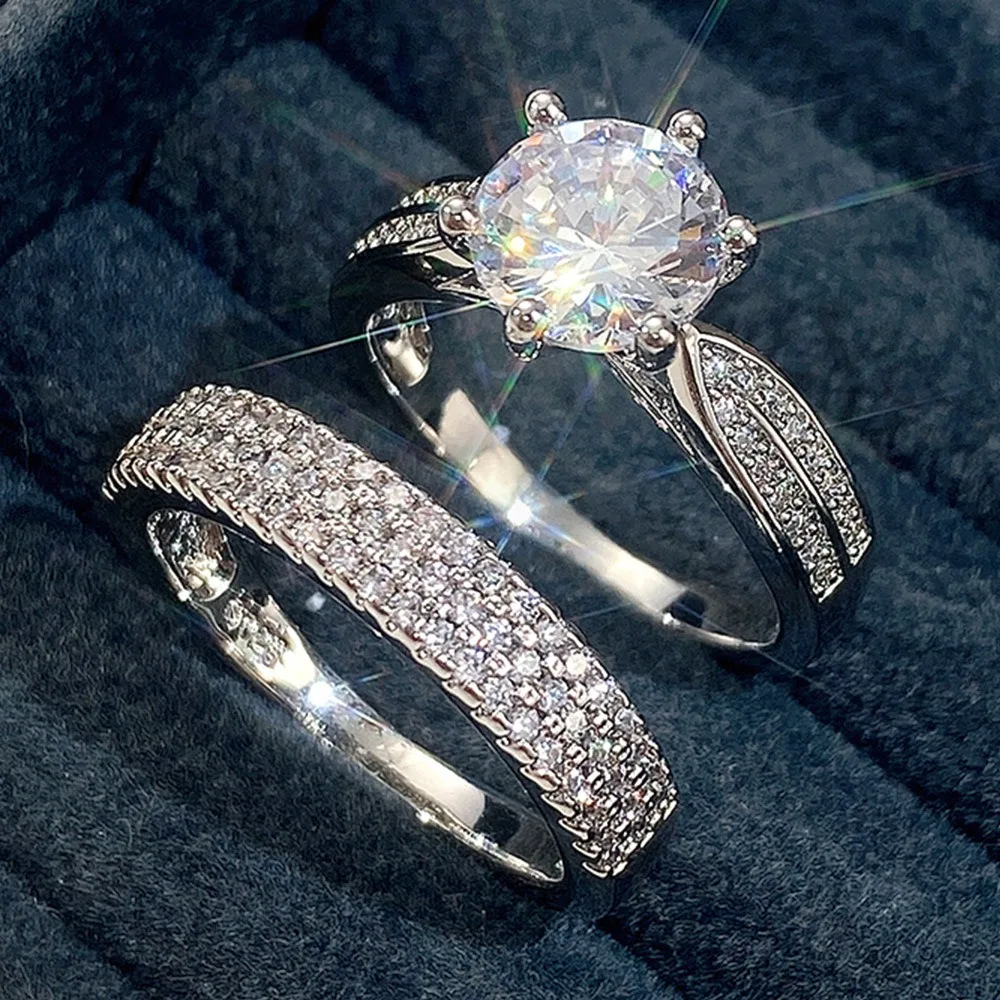 Accesorios elegantes, conjunto de anillos de boda de circón, conjunto plateado de 2 piezas, anillo de diamante Natural, anillos de compromiso brillantes para pareja y niña