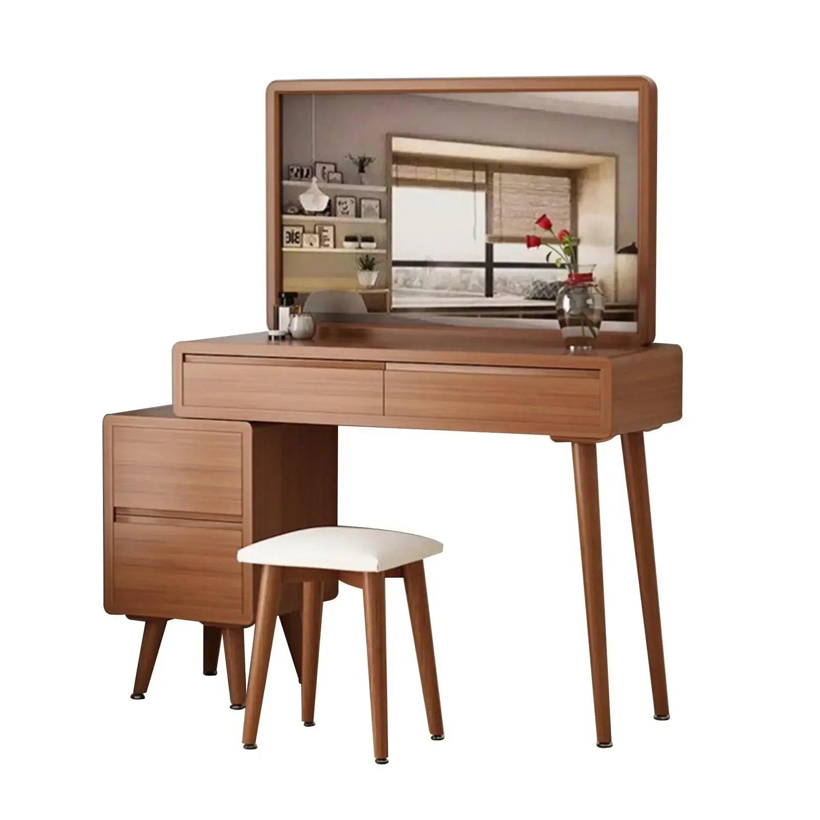 Hot Sale Cheap wooden vintage minimalist style dressing table with Square Lighted mirror 2 drawers and 2 cabinets for bedroom