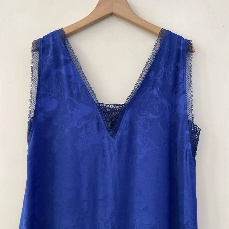 ブルードレス女性レースパネルVネックローブ馬ジャカードジュープ女性ドレスカジュアルスリットヘムローブレディースルーズロングジュープ