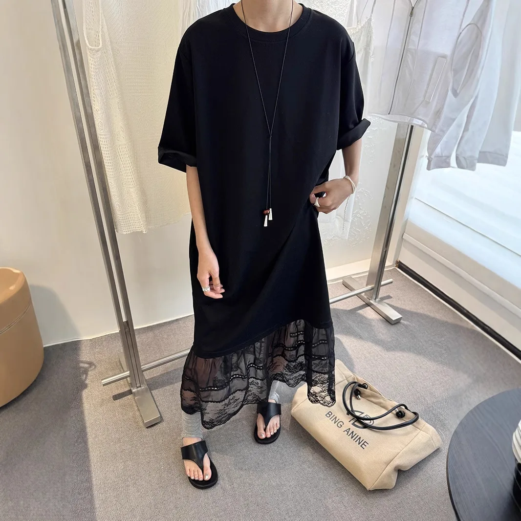 

Korean Style Minimalist Oversized Hem with Lace Short Sleeved Dress, Women's 2025 Summer New Loose and Slimming Dress