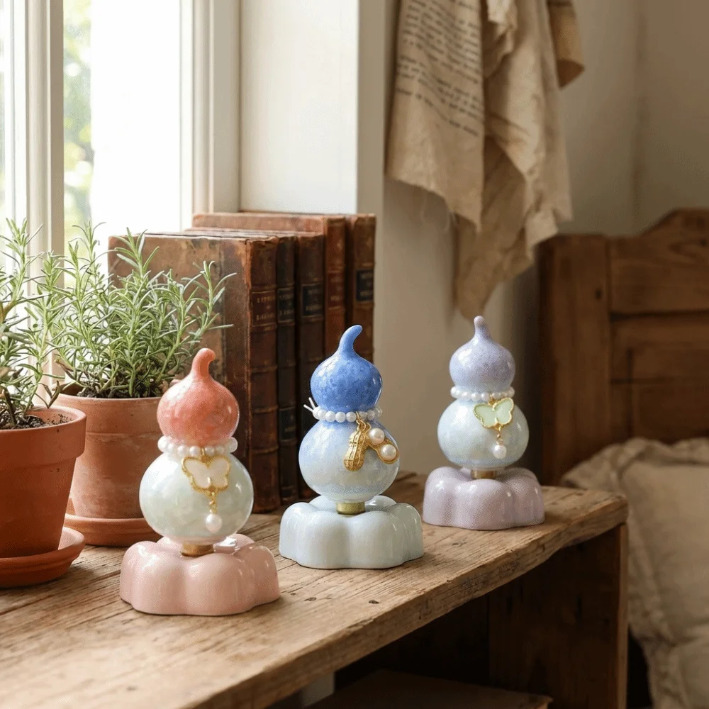 Creative 360° Rotation Ceramic Calabash Statue Exquisite Lucky Gourd Statue Multicolored Mini Gourd Ornament Table Decoration