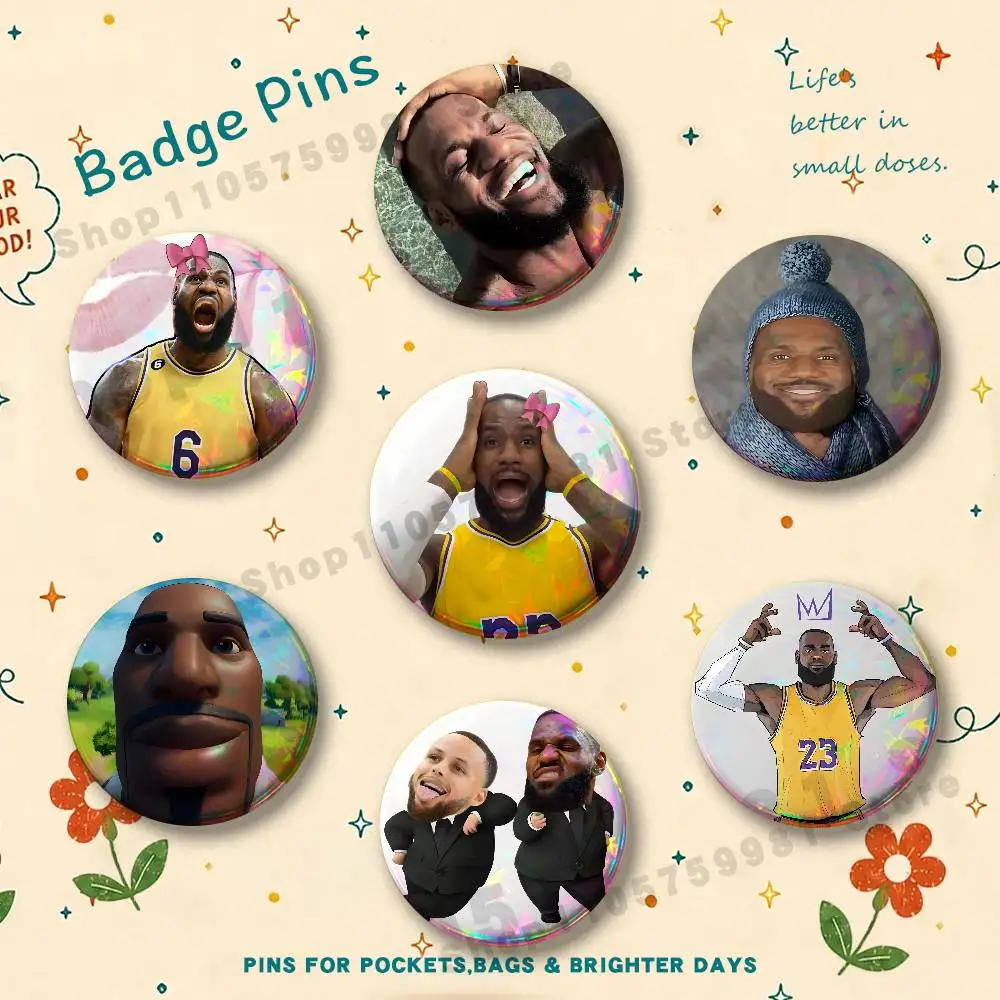L-LeBron J-James 23 King James Round Pins Cartoon Brooches Stylish Ornament Badge for Backpack Accessorys Gifts