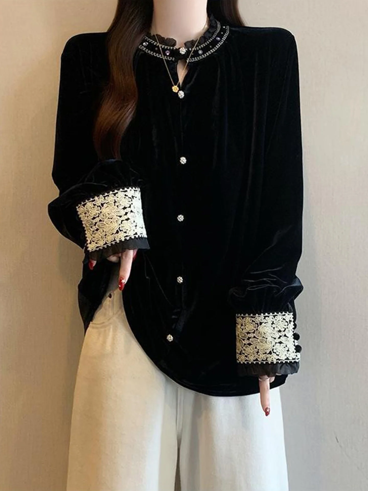 

Ele Bla Velvet irt Women's plus Size Faion Korean Sle Embroidered Long Sve Breathable Comfortable Commute Wear