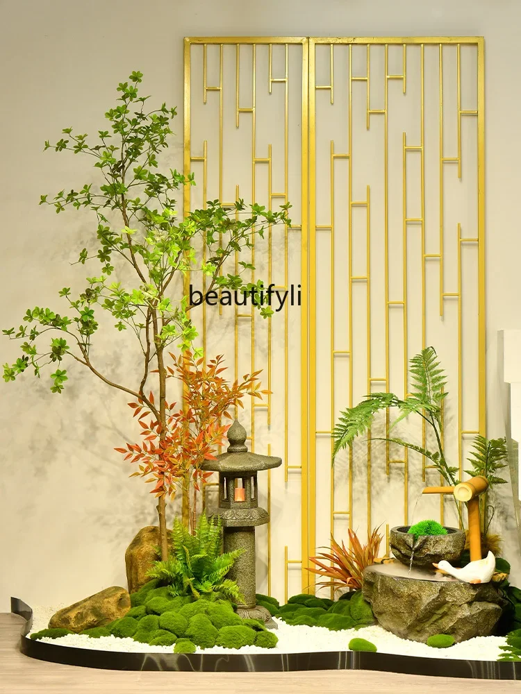 Simulation of green maple tree landscape under the stairs Chinese-style flowing water ornament floor decoration Interior Zen