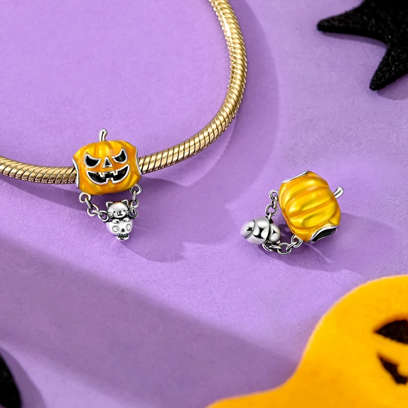Glow in the Dark Halloween Pumpkin Charm 925 Sterling Silver Bead Cat on Skull Chain Dangle Bead Fit Bracelet Jewelry Gift