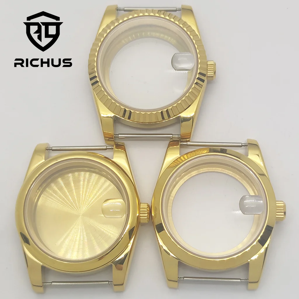 

Корпус часов RICHUS NH35 36 мм 39 мм, золотой корпус для часов, сапфировое стекло, подходит для механизма NH34 NH35 NH36 ETA2824 PT5000 Miyota8215-DG