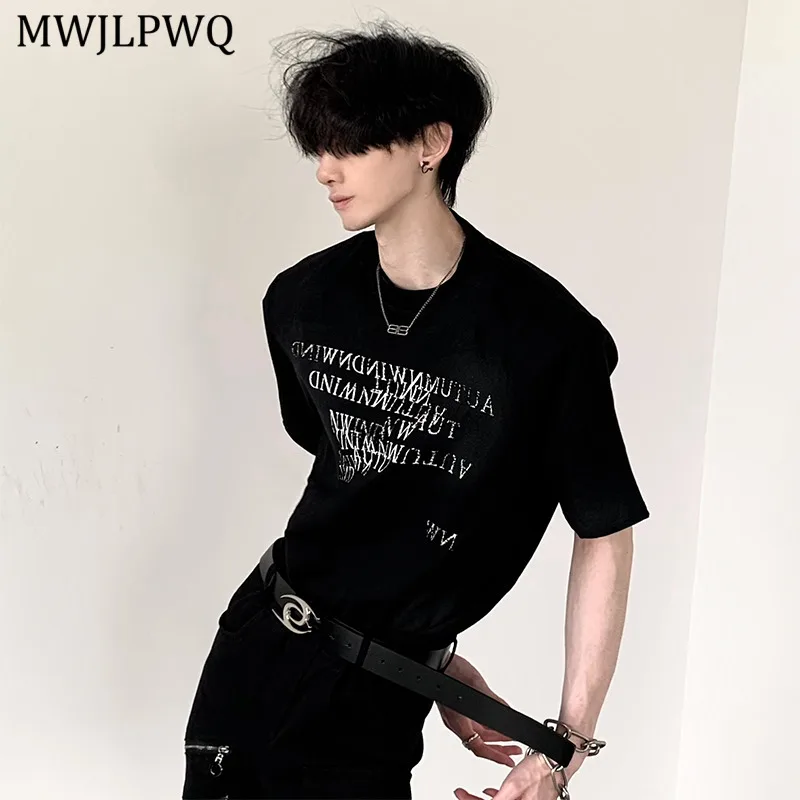 

MWJLPWQ Летняя высококачественная потертая футболка, мужские наплечники с короткими рукавами, топы с круглым воротником в американском стиле High Street 11054
