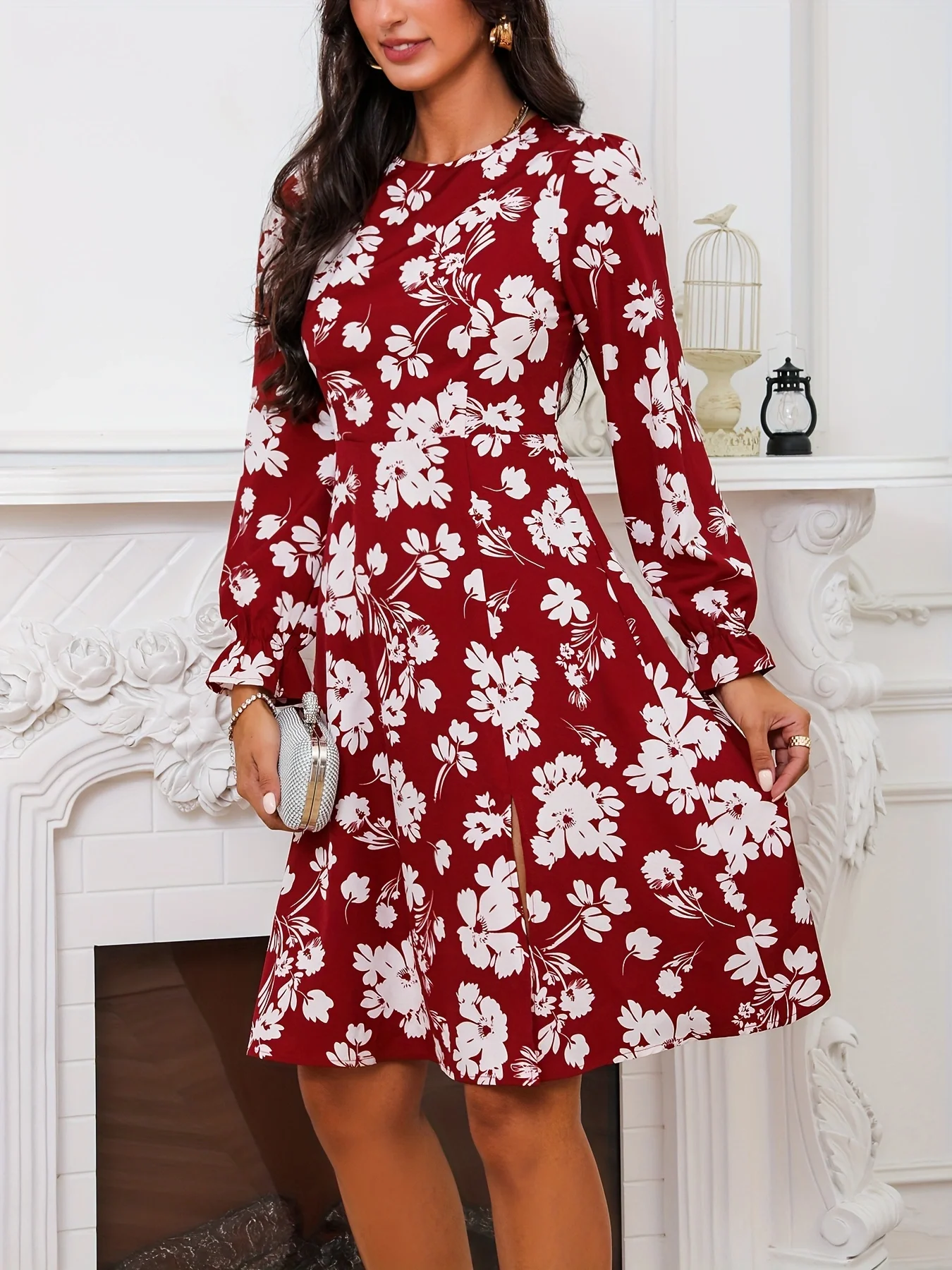 Europa e nos Estados Unidos estilo novo verão temperamento elegante lanterna manga vestido feminino em torno do pescoço sob a propagação de fo