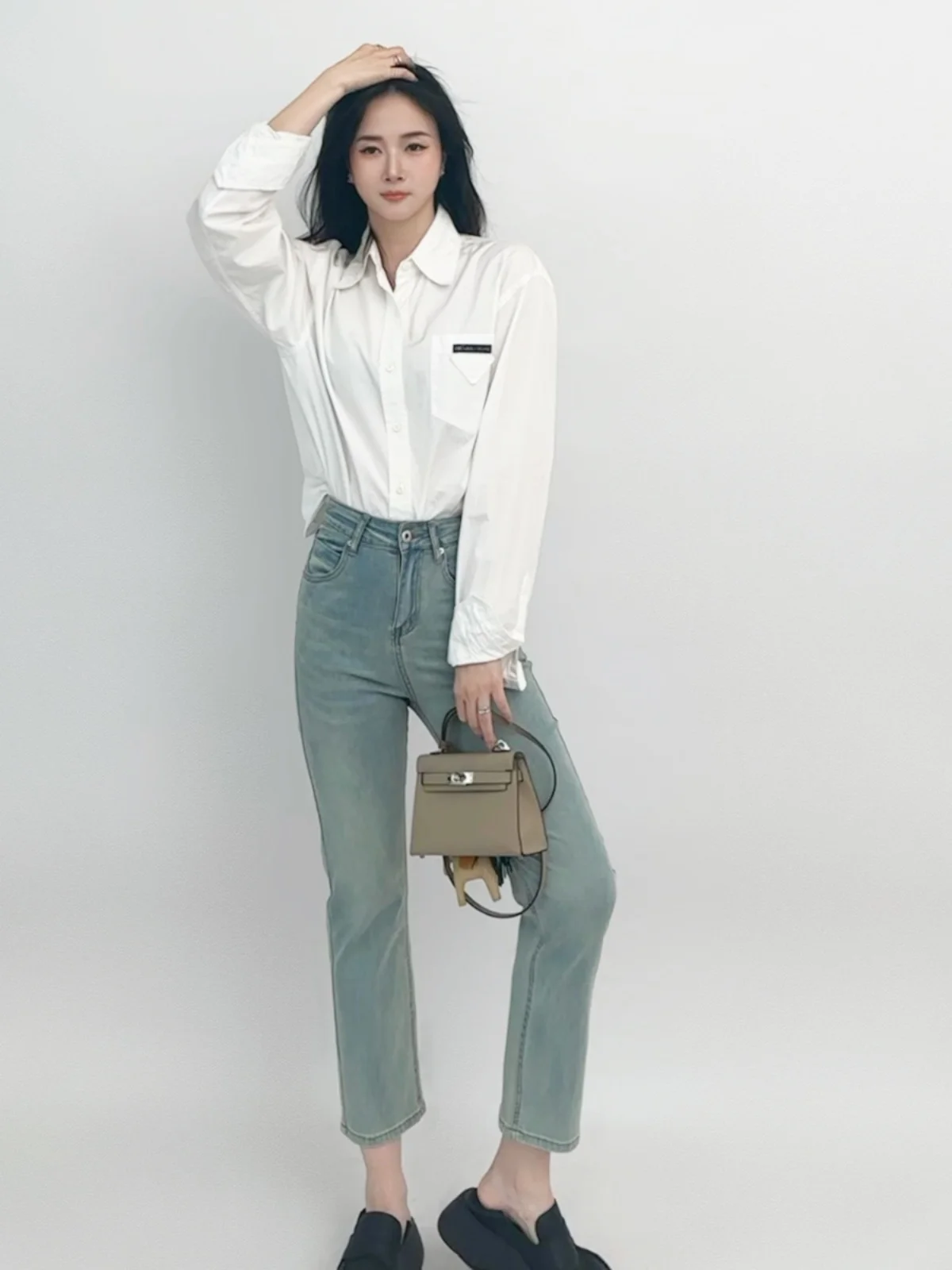 

High Waist Thin Soft Jeans Commute Sle 9 Points Slim Fit Stretchy Summer Denim Blue Color Ladies Faion Ease the Label