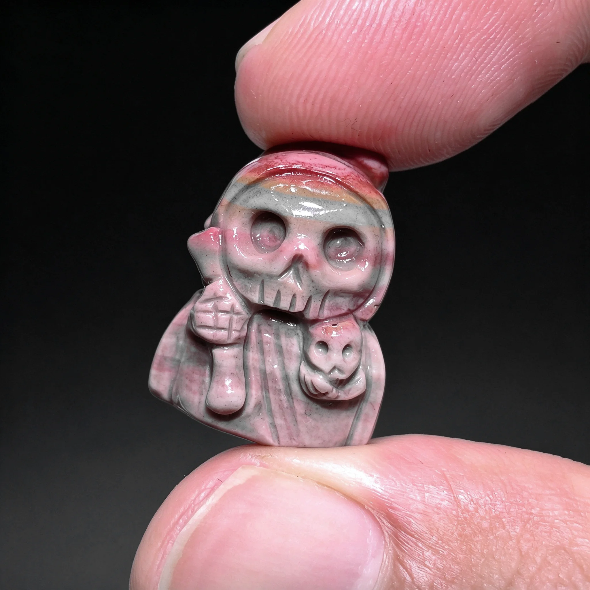 Multi Color Alashan Agate Mini Cloaked Skull Figurine Natural Gemstone Carving Small Desk Ornament Halloween Present for Friend