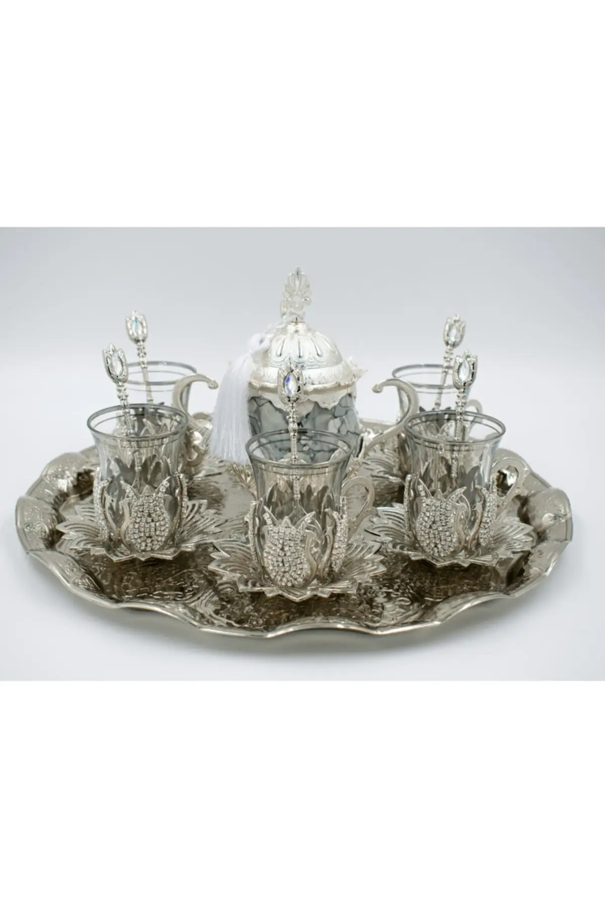 

DOLBOVI Casting Round Tray And Porcelain Şekerlikli, 6 PCs Cubic Zirconia Tea Cup Presentation Set Turkish Tea Glass Cup