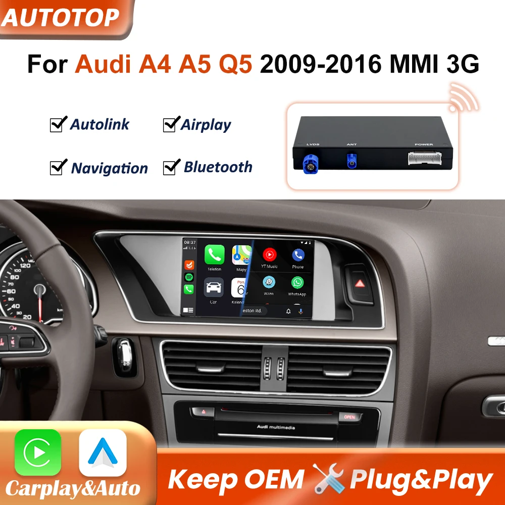 Bezprzewodowy CarPlay do Audi A4 A5 Q5 2009-2016 MMI 3G Android Auto Nawigacja Multimedialna z AirPlay BT Mirror Link Moduł GPS