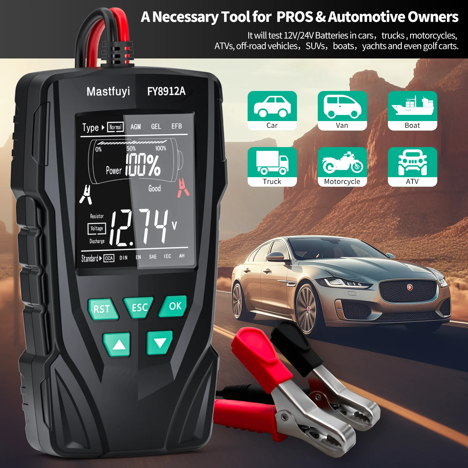 MASTFUYI FY8912A Car Battery System Tester 12V 24V Car Motorcycle Truck System Analyzer 50-2000CCA Charging Cranking Test Tool