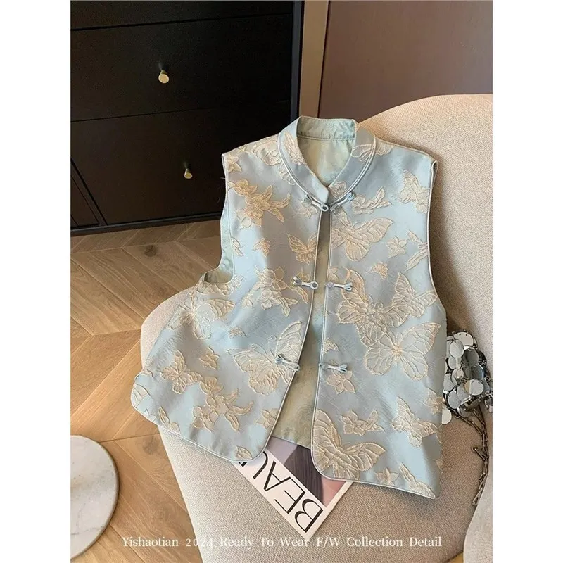 

Traditional Chinese Style Vest Women Blue Butterfly Embroidery Women Sleeveless Waistcoat Elegant Hanfu Women Tops CN-276
