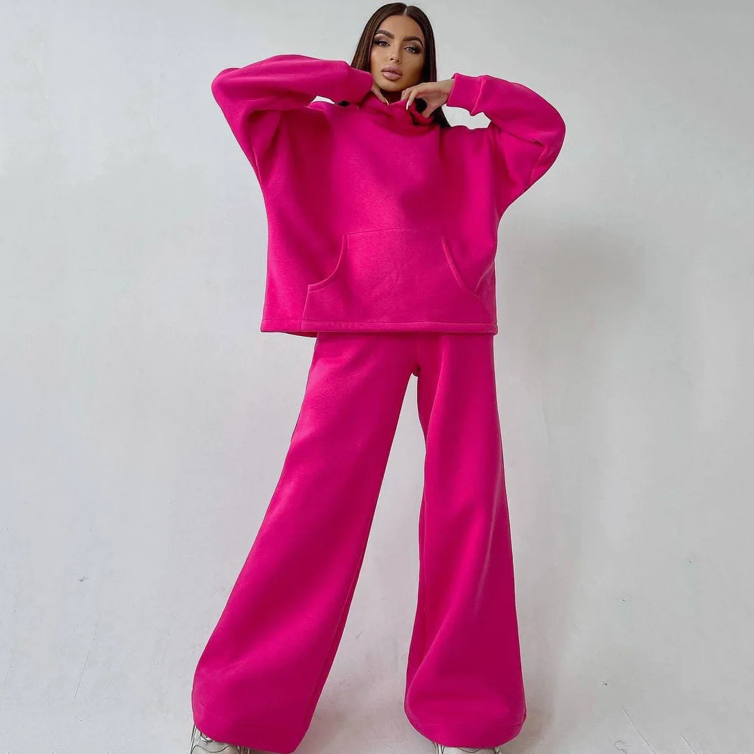 Womens Solid Color Two Piece Outfits Lounge Sets Hoodies Autumn Fashion Streetwear Sweat Suits Wide Leg Sweatpants With Pockets