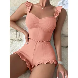 Women's Two-Piece Pajamas Set Summer Sexy Solid Ruffles Camisole And Shorts Pyjamas Set Sleepwear